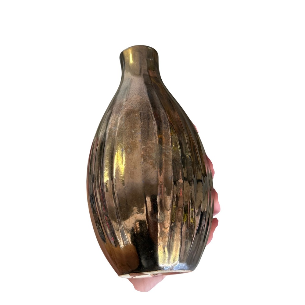 West Elm Metallic Bronze Ribbed Bud Vase Ceramic Modern Home Decor Accent